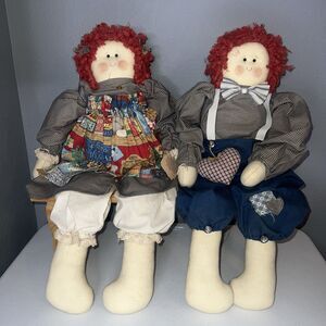 Raggedy Ann & Andy Handcrafted Cloth Dolls By Susan Gatlinburg Tn Wooden‎ Bench